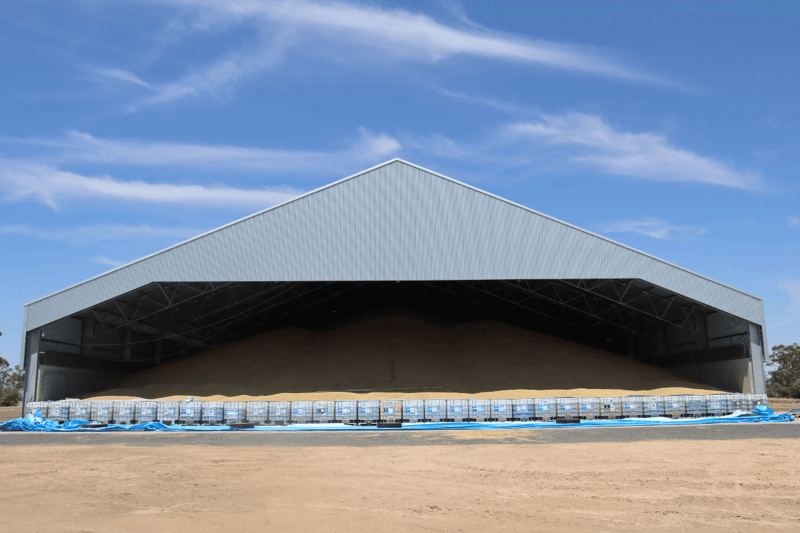 Grain stored in structural steel shed