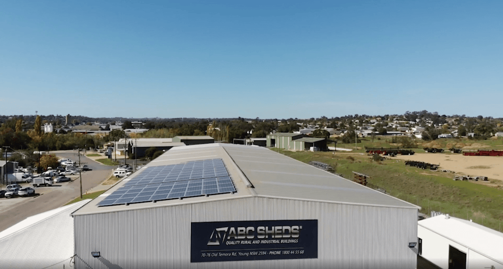 Solar panels on the roof of the ABC Sheds workshop