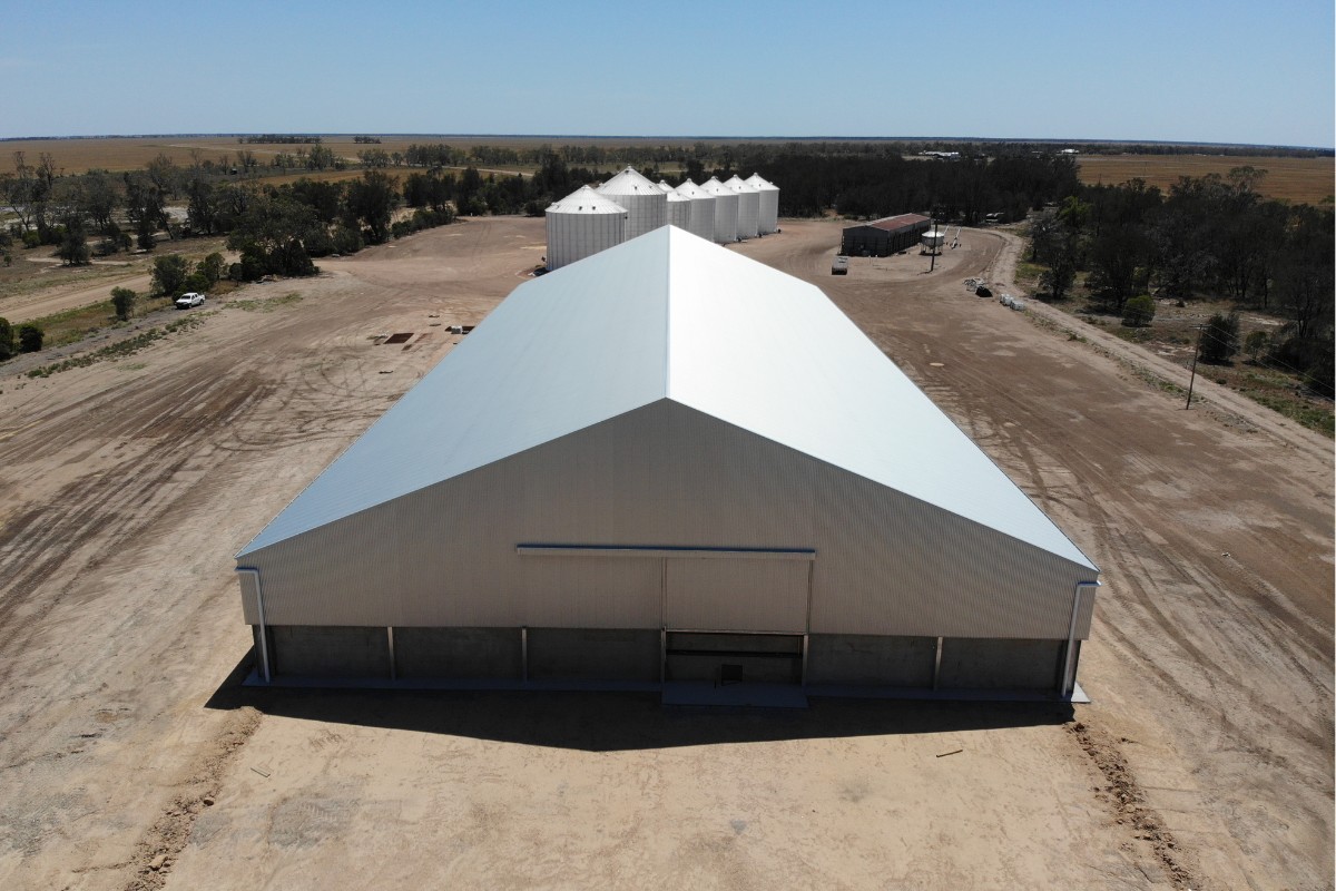 Front view of large cotton shed