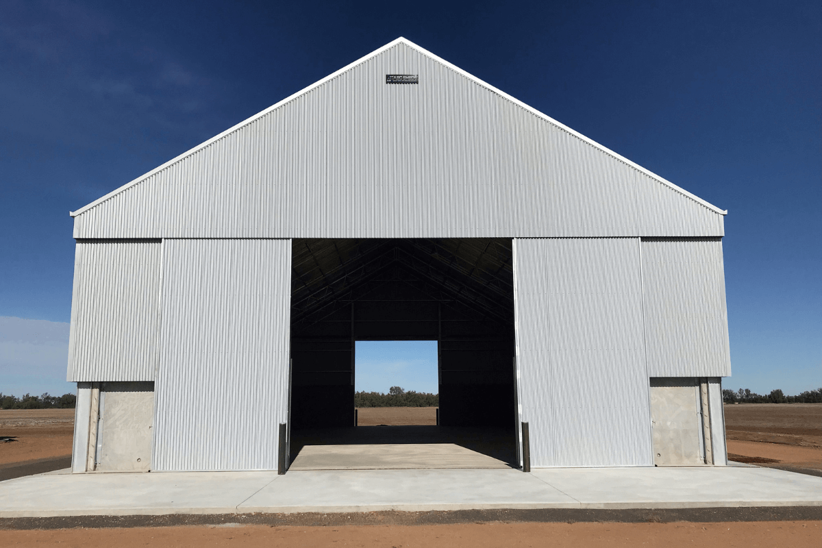 Open fertiliser shed with sliding doors