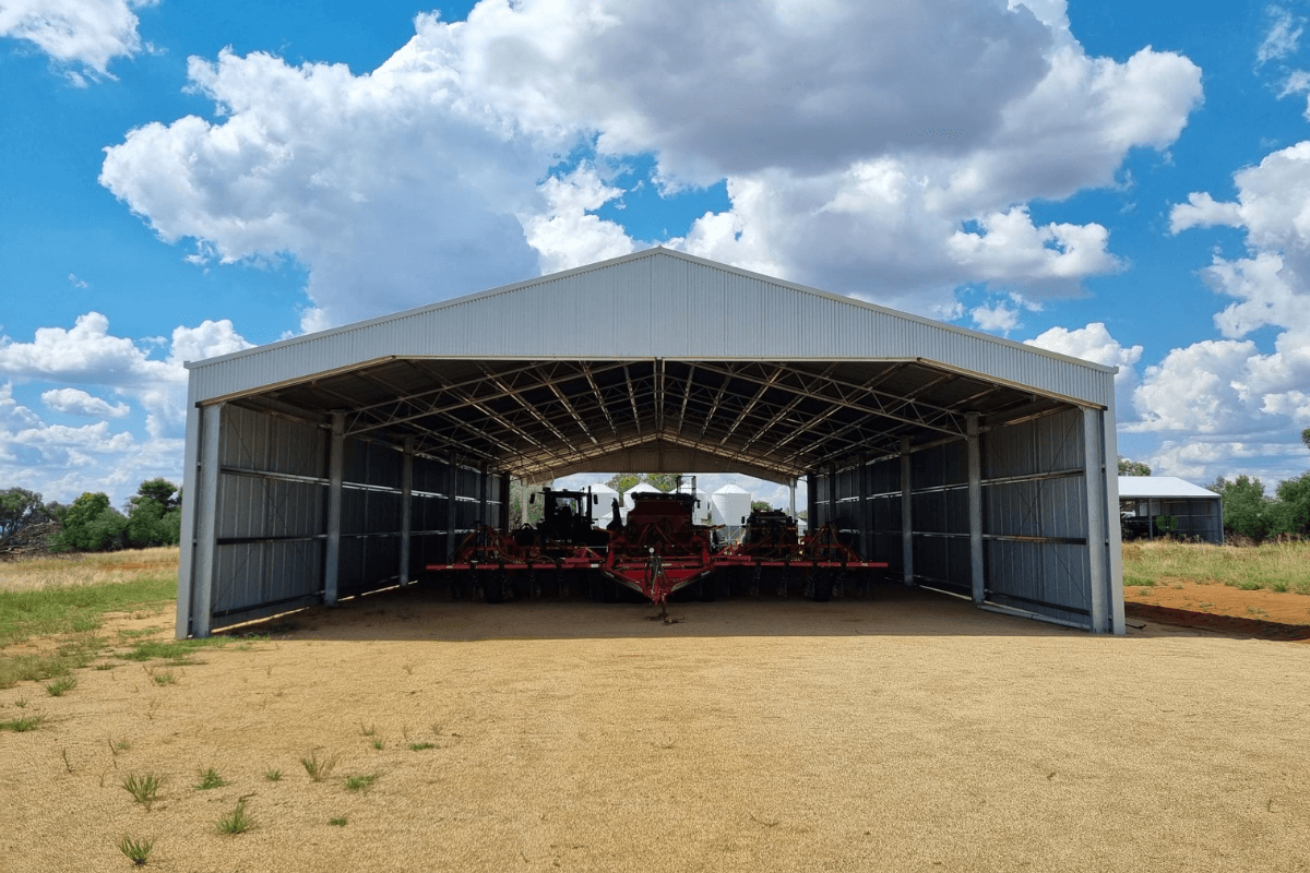 Drive-through machinery shed by ABC Sheds