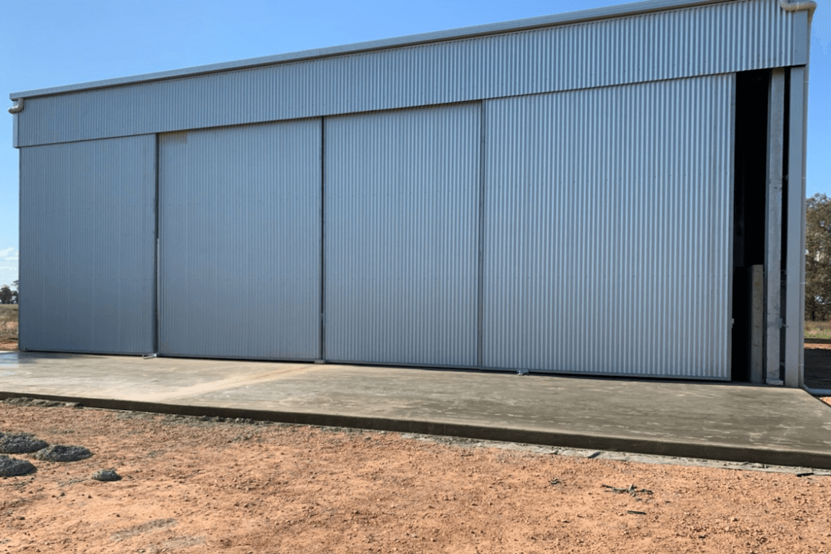 Exterior of fertiliser shed with 4 sliding doors