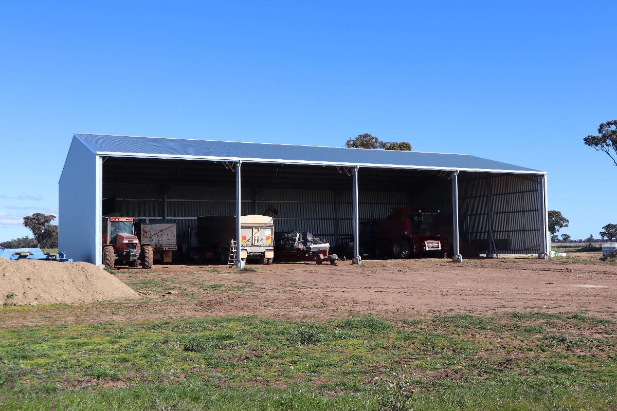 Slanted view of Milvale hay shed